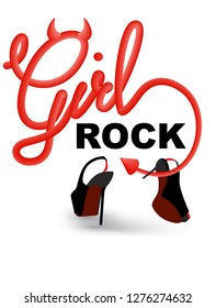 Girls rock devil style lettering and shoes with high heels. Vector illustration