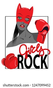 Girls rock lettering and beautiful girl in boxing gloves and mask. Vector illustration