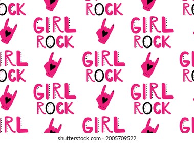 Girls rock! Seamless pattern with "Rock on"