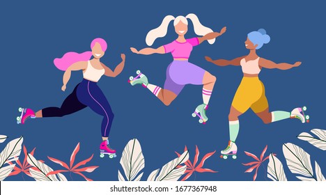 Girls in roller skates. Happy rollerskating girls among tropical leaves. Summer activities concept. Modern cute illustration for web banner, card design. Cute girls having fun. Summertime vector.