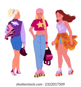 Girls in roller skates set vector illustration. Cartoon isolated sporty female characters wearing boots with wheels and helmet, young woman walking, carrying pair of shoes for skating in city park