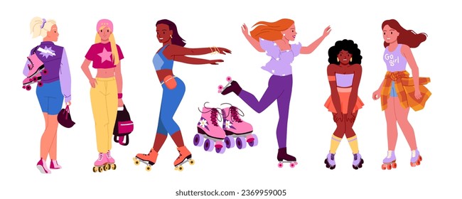 Girls in roller skates set vector illustration. Cartoon isolated rollerskating collection with female characters move with fun and dance, walking woman with skating shoes, pair of boots with wheels