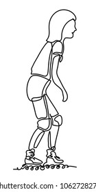 Girls roller-skating. Vector illustration. Isolated on white background. Continuous line drawing. Vector monochrome, drawing by lines. People in the Park.