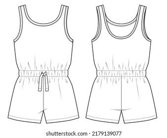 Girls Romper Fashion Technical Flat Sketch Mock Up Cad Design