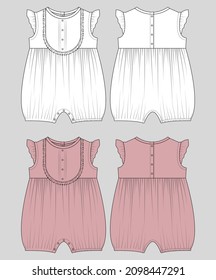 Girls Romper With Front Placket Ruffle Sleeve Flat sketch Front Back