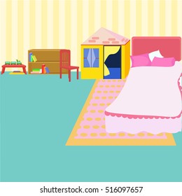 Girls room interior. Flat style cartoon vector illustration with isolated objects.