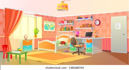 Girls room interior, teenage room, pink colors, vector illustration.