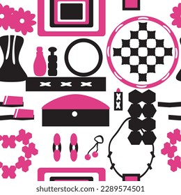 Girl's room. Pink, black and white objects. Seamless pattern. Vase with flowers, rug, perfume, mirror, lipstick, jewelry box, flip flops, heart shape frame, earrings, necklace, hair tie, and drawer.