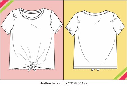 GIRLS ROUND NECK WITH FRONT TIE SKETCH FASHION TEMPLATE TECHNICAL ILLUSTRATION