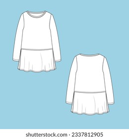 Girls Round Neck Long Sleeve adding Cut and Sew Bottom with Side Slit