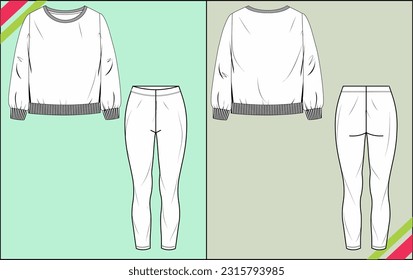 GIRLS ROUND NECK SWEATSHIRT LEGGING PANT TECHNICAL FASHION FLAT SKETCH ILLUSTRATION