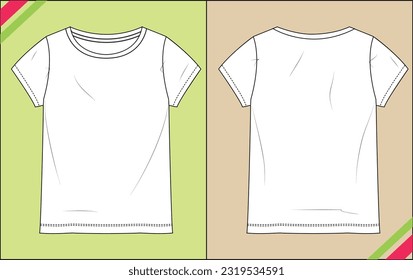 GIRLS ROUND NECK TEE FLAT SKETCH FASHION TEMPLATE TECHNICAL ILLUSTRATION