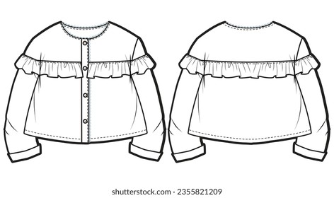 Girls Ruffle Blouse woven top design flat sketch fashion illustration vector template with front and back view,  button front blouse Toddler baby girl long sleeve frill detail blouse top