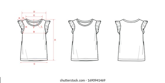 Girl's Ruffle Sleeve Tank Top, Regular Fit, Flat Sketch, Front And Back Views, With Measurements