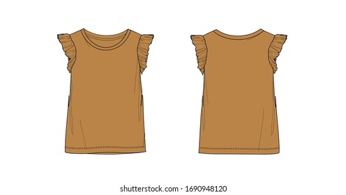 Girl's ruffle sleeve tank top design, round neck, gold/mustard color, flat sketch, front and back views