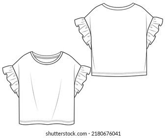 Chicas Ruffle Sleeves Top Fashion Técnica Sketch Cad Diseño