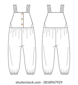 Girls Ruffle Strap Button Front Jumpsuit Technical Flat Sketch, Kids Gathered Waist Harem Romper Vector Template Front and Back View