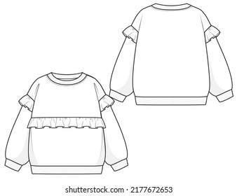 Girls Ruffle Sweatshirt Fashion Flat Sketch for mockup and cad design