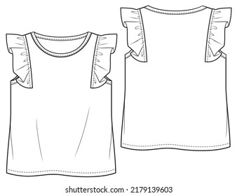 Girls Ruffle Tank Top Fashion Technical Flat Sketch Mock Up Cad Design