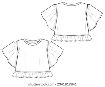 Chicas Ruffles Puff Mangas de grano Top Fashion Técnica Sketch Mockup