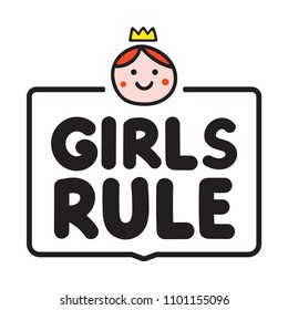Girls rule. Badge icon, stamp with funny face, vector illustration on white background.	