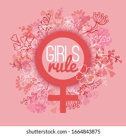 Girls rule - inspirational feminism quote vector illustration for poster, banner, card, t-shirt, sticker. Woman motivational slogan, female empowerment, Venus symbol, female sign, floral wreath around