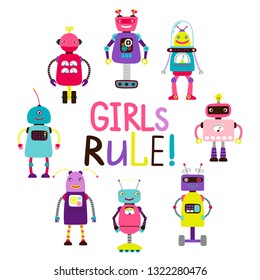 Girls rule print with vector cute pink robots on white background