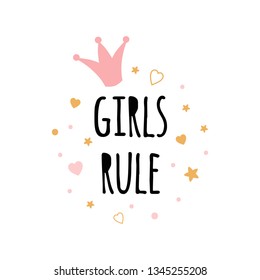 Girls Rule text hand drawn nursery poster pink crown gold stars isolated on white. Cute phrase Girls print Vector illustration Lettering design for kids room Childish style.