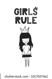 Girls rule - unique hand drawn nursery poster with handdrawn lettering in scandinavian style. Vector illustration.