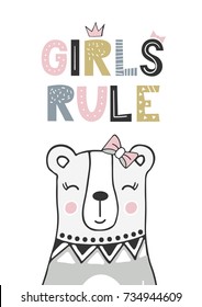 Girls rule - unique hand drawn nursery poster with handdrawn lettering in scandinavian style. Vector illustration.