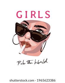 girls rule the world calligraphy slogan with girl in sunglasses and cigarette vector illustration