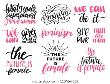 Girls Rule The World, GRL PWR etc, hand lettering prints set. Vector calligraphic collection of feminist movement for poster, banner etc.