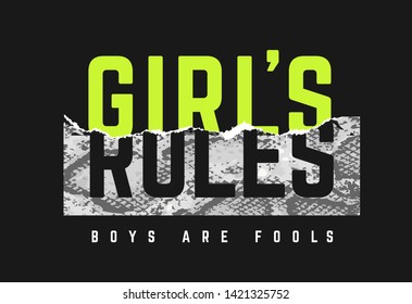 girl's rules slogan sticker ripped off illustration on black background