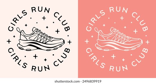 Girls run running club round logo badge sticker for runner marathoner women girlies female sports squad. Retro pink aesthetic quotes printable event invitation cut file clothing shirt design.