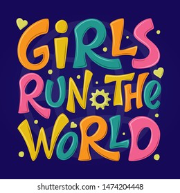 Girls run the world hand drawn vector lettering. Girl power 3d colorful sign on dark blue background. Feminism quote, woman motivational slogan. Inspirational poster, t-shirt, card, banner, sticker. 