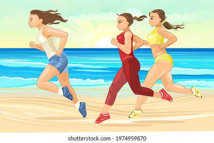 The girls are running along the beach. Sports running. Fitness and healthy lifestyle. Flat cartoon style. Women runners train on the seashore. Women's athletics. Illustration Vector