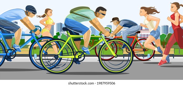  The girls are running. Guys ride bicycles. Urban sports. Fitness and healthy lifestyle. Flat cartoon style. Women runners and men cyclists. In the city park. Athletics. Illustration Vector