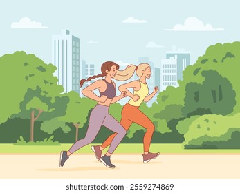 Girls running in park. Athletes train outdoors, marathon participants compete, sports workout, people jog, healthy lifestyle, women jogging together, cartoon flat isolated vector concept