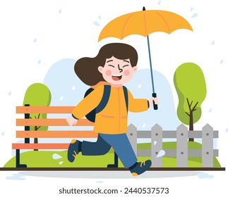 Niñas corriendo bajo la lluvia usando paraguas