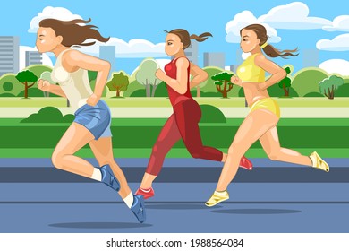 The girls are running. Sports running. Fitness and healthy lifestyle. Flat cartoon style. Women runners train in an urban park area. Women's athletics. Vector