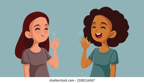 
Girls Saluting Each other Forming Friendship Vector Cartoon Illustration. Friends greeting displaying friendly good manners in social interaction 
