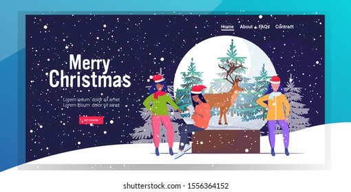 girls in santa claus hats near christmas magic ball with reindeer merry xmas happy new year winter holidays celebration concept greeting card horizontal full length vector illustration