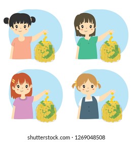 girls saving money on a glass jar vector set