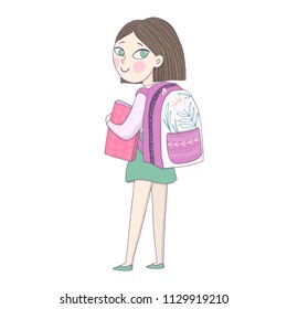 Girls with school backpack and book. Back to school. Vector illustration. Cute character