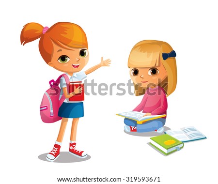 girls with school backpack and books
