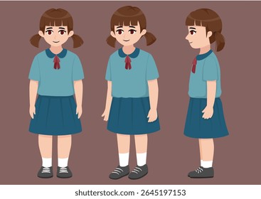 Girls in school uniform in various views, front, side, oblique