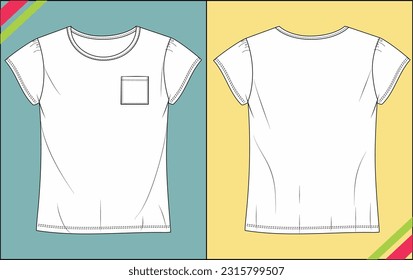 GIRLS SCOOP NECK SHORT SLEEVE ROUND NECK T SHIRT TECHNICAL FASHION FLAT SKETCH