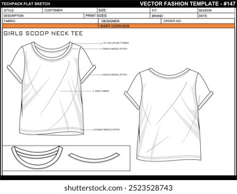 GIRLS SCOOP NECK TEE FLAT SKETCH FASHION TEMPLATE TECHNICAL ILLUSTRATION