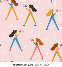 The girls scream loudly. Seamless bright color pattern with a girl screaming into a bullhorn.