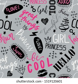 Girls seamless pattern with calligraphic slogan, hearts, words  . background for texylie, graphic tees, kids wear. Wallpaper for teenager girls. Fashion style